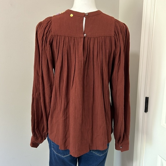 Antik Batik Top Line Embroidered Blouse Brown Hand Stitched Anthro Sz XS NEW - Picture 8 of 16